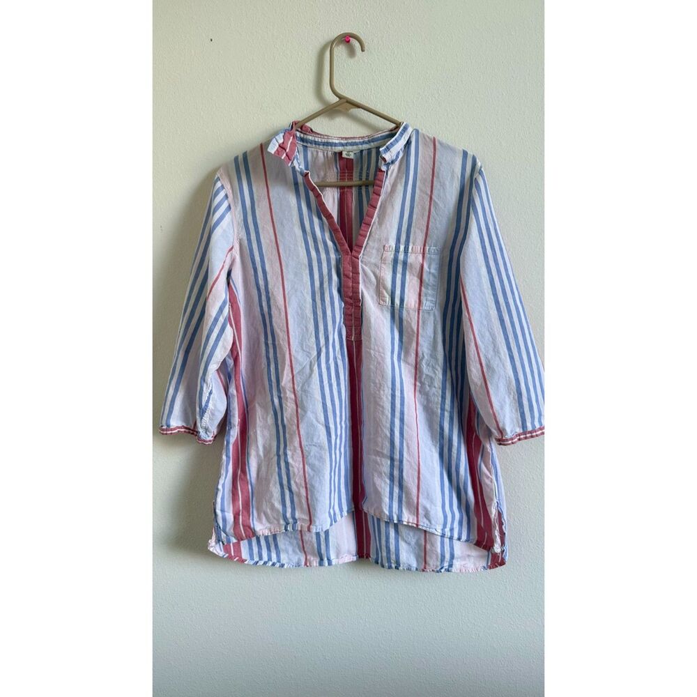 L.L.Bean Women’s XL Striped Popover Shirt Pink Blue Roll Tab Sleeve Coastal